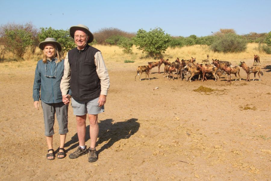 Where else can you take a photograph smiling in front of 60 wild dogs feeding on wildebeest  carcass?